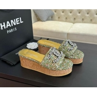 Top Grade Chanel Tweed Wedge Slide Sandals 5.5cm with Crystals CC Green 424097