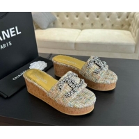 Good Product Chanel Tweed Wedge Slide Sandals 5.5cm with Crystals CC Multicolor 424098