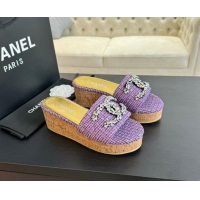 Pretty Style Chanel Tweed Wedge Slide Sandals 5.5cm with Crystals CC Purple 424099