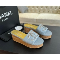 Sumptuous Chanel Denim Wedge Slide Sandals 5.5cm with Crystals CC Light Blue 424100