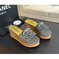 Unique Style Chanel Denim Wedge Slide Sandals 5.5cm with Crystals CC Grey 424102