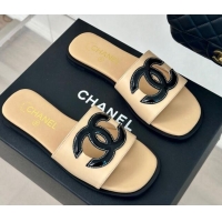 Grade Quality Chanel Calfskin Flat Slide Sandals with Maxi CC Beige 424108