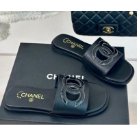 Crafted Chanel Calfskin Flat Slide Sandals with Maxi CC Black 424109