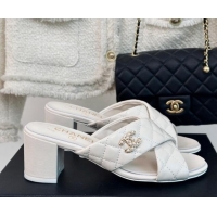 Low Cost Chanel Quilted Lambskin Heel Slide Sandals 5cm with Cross Strap White 424111