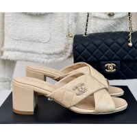 Most Popular Chanel Quilted Lambskin Heel Slide Sandals 5cm with Cross Strap Beige 424112