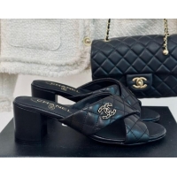 Low Price Chanel Quilted Lambskin Heel Slide Sandals 5cm with Cross Strap Black 424113