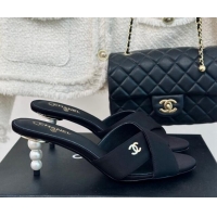 Top Design Chanel Satin Heel Slide Sandals 6cm with Pearls Heel Black 424114