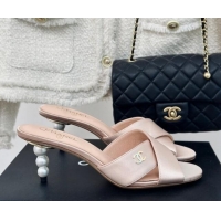 Trendy Design Chanel Satin Heel Slide Sandals 6cm with Pearls Heel Pink 424115