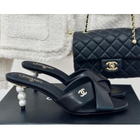 Shop Duplicate Chanel Lambskin Heel Slide Sandals 6cm with Pearls Heel Black 424116