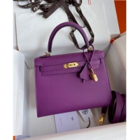 Promotional Hermes Kelly 25/28cm Bag in Original Epsom Leather K2528 Purple/Gold 2024 (Half Handmade)