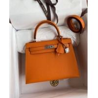 Top Quality Hermes Kelly 25/28cm Bag in Original Epsom Leather K2528 Orange/Silver 2024 (Half Handmade)