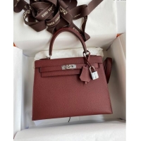 Best Price Hermes Kelly 25/28cm Bag in Original Epsom Leather K2528 Burgundy/Silver 2024 ((Half Handmade)