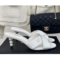 Best Grade Chanel Lambskin Heel Slide Sandals 6cm with Pearls Heel White 424117