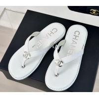 Good Quality Chanel Calfskin Flat Thong Slide Sandals with CC White 424118