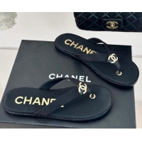 Luxury Chanel Calfskin Flat Thong Slide Sandals with CC Black 424119