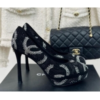 Best Price Chanel Suede High Heel Platform Pumps 10.5cm with Crystals Black 424120