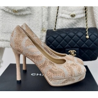 Luxury Chanel Suede High Heel Platform Pumps 10.5cm Beige 424121