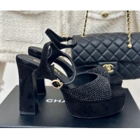 Charming Chanel Suede High Heel Platform Sandals 10.5cm with Crystals Black 424122