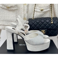 Grade Quality Chanel Suede High Heel Platform Sandals 10.5cm with Crystals Light Grey 424123