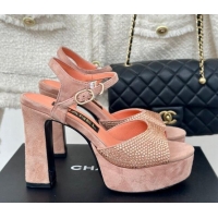 Best Grade Chanel Suede High Heel Platform Sandals 10.5cm with Crystals Orange 424124