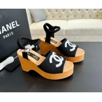 Best Price Chanel Wedge Fabric Sandals 10cm G45555 Black 424125