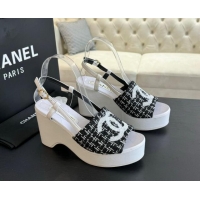 Low Cost Chanel Tweed Wedge Sandals 10cm Black 424131