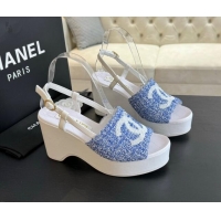 Durable Chanel Tweed Wedge Sandals 10cm Blue 424132 