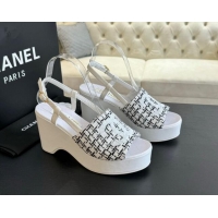 Top Design Chanel Tweed Wedge Sandals 10cm White 424129