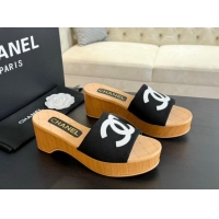 Low Price Chanel Wedge Fabric Slide Sandal 10cm G45555 Black 424133