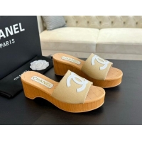 Popular Style Chanel Wedge Fabric Slide Sandal 10cm G45555 Beige 424135