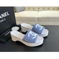 Pretty Style Chanel Tweed Wedge Slide Sandal 10cm Blue 424137