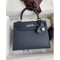 Luxurious Hermes Kelly 25/28cm Bag in Original Epsom Leather K2528 Deep Blue/Silver 2024 (Half Handmade)