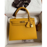 Top Quality Hermes Kelly 25/28cm Bag in Original Epsom Leather K2528 Amber Yellow/Gold 2024 (Half Handmade)