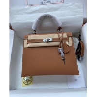 Inexpensive Hermes Kelly 25/28cm Bag in Original Epsom Leather K2528 Brown/Silver 2024 (Half Handmade)