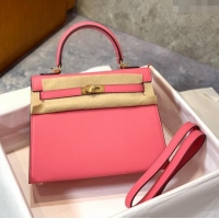 Good Taste Hermes Kelly 25/28cm Bag in Original Epsom Leather K2528 Lipstick Pink/Gold 2024 (Half Handmade)