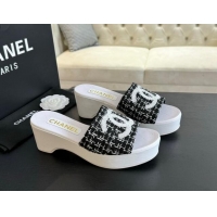 Charming Chanel Tweed Wedge Slide Sandal 10cm Black 424138