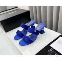 Stylish Chanel Suede Heel Slide Sandal 7cm with Pearls G45685 Blue 424144