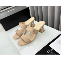 Sumptuous Chanel Suede Heel Slide Sandal 7cm with Pearls G45685 Beige 424146