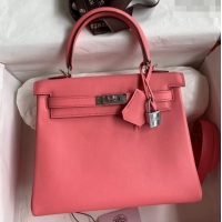 Best Grade Hermes Kelly 25/28 Bag in Original Swift Leather Summer K2528 Pink/Silver 2024 (Full Handmade)