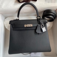 New Cheap Hermes Kelly 25/28 Bag in Original Swift Leather K2528 Black/Silver 2024 (Full Handmade)