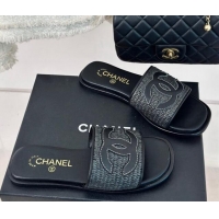 Grade Chanel Raffia Straw Flat Slide Sandals Black 424148