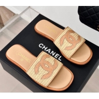 Buy Luxury Chanel Raffia Straw Flat Slide Sandals Beige 424149