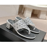 Grade Quality Chanel Crystals Heel Thong Slide Sandals 4.5cm with Letters Silver 424161