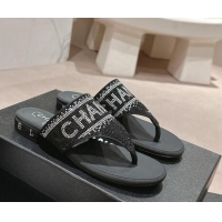 Top Design Chanel Crystals Flat Thong Slide Sandals with Logo Black 424164