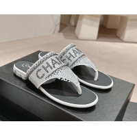 Best Grade Chanel Crystals Flat Thong Slide Sandals with Logo Silver 424165