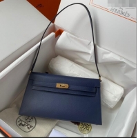 Top Design Hermes Kelly Elan Bag in Madame Leather 2201 Blue/Gold 2024 (Half Handmade)