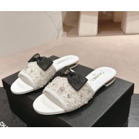 Purchase Chanel Fabric Flat Slide Sandals with Bow and Crystals G45691 White 0424168