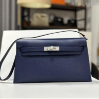 Super Quality Hermes Kelly Elan Bag in Madame Leather 2201 Blue/Silver 2024 (Half Handmade)