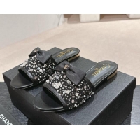 Low Cost Chanel Fabric Flat Slide Sandals with Bow and Crystals G45691 Black 424169