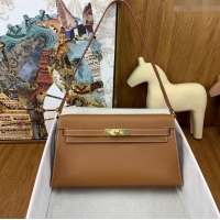 Luxurious Hermes Kelly Elan Bag in Chèvre Leather 2201 Brown/Gold 2024 (Half Handmade)